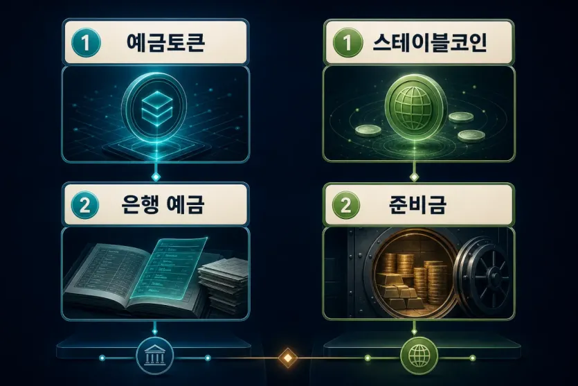 예금토큰은 은행 예금에서 출발하고 스테이블코인은 발행사 준비금에서 출발한다는 비교 인포그래픽