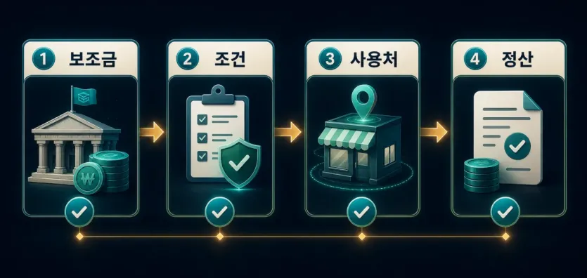 예금토큰이 보조금 지급 조건, 사용처, 정산 흐름을 연결하는 방식으로 쓰일 수 있음을 보여주는 인포그래픽