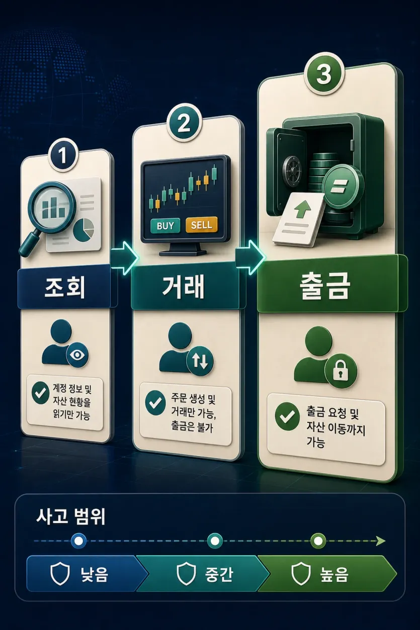 API 키에서 조회, 거래, 출금 권한이 서로 다른 사고 범위를 만든다는 인포그래픽