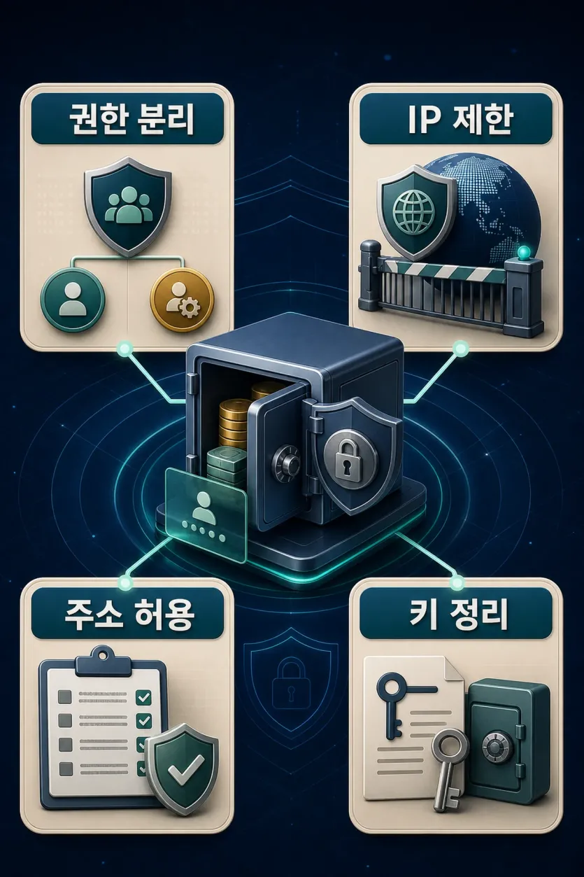 API 키 사고 범위를 줄이기 위해 권한 분리와 IP 제한, 주소 허용, 오래된 키 정리를 나누어 보는 인포그래픽