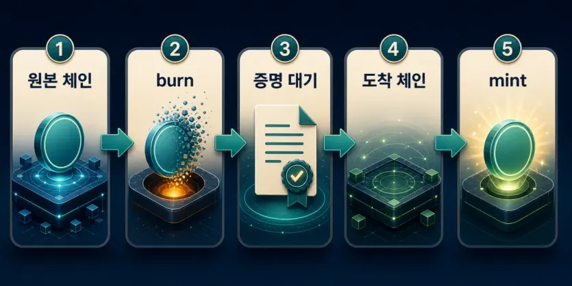 USDC CCTP의 원본 체인 burn, 증명 대기, 도착 체인 mint 흐름을 단계로 보여 주는 인포그래픽