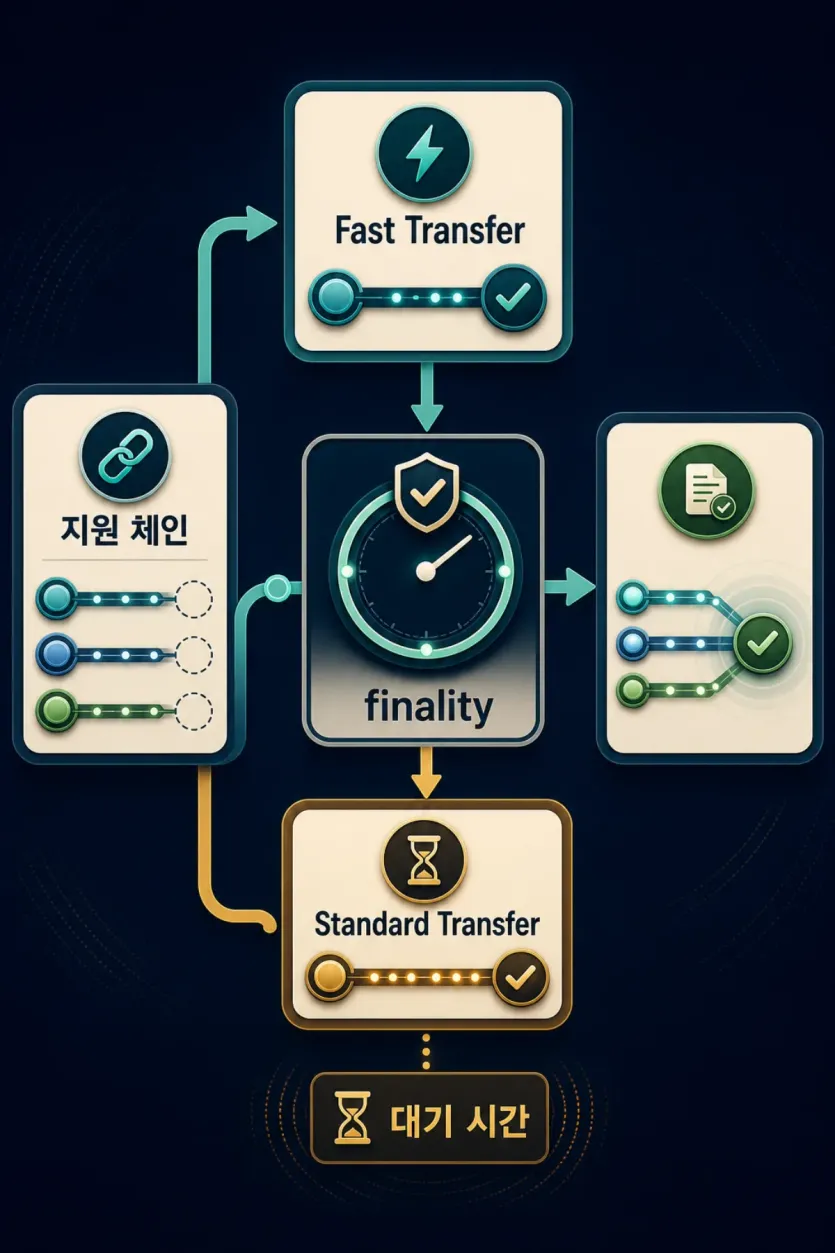 CCTP 전송 속도가 Fast Transfer, Standard Transfer, 지원 체인과 finality 대기 시간에 따라 달라지는 구조 인포그래픽