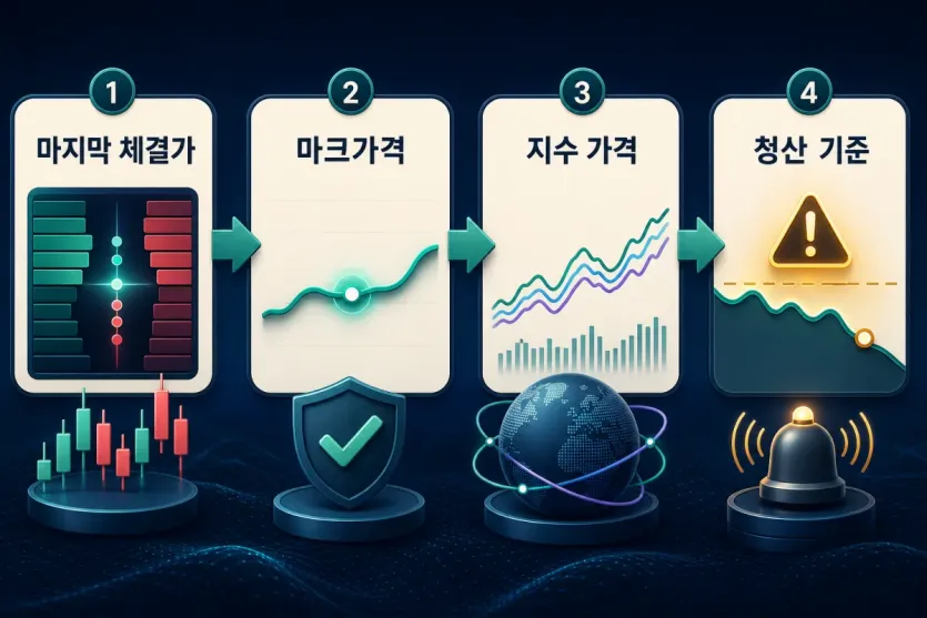 마지막 체결가와 마크가격, 지수 가격, 청산 기준이 각각 다른 역할을 하는 구조 인포그래픽