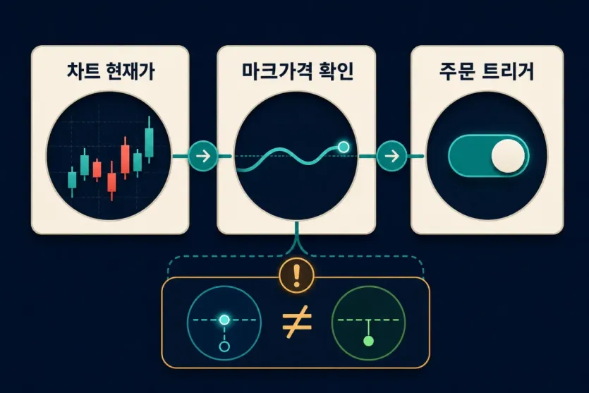 선물 조건 주문에서 차트 현재가와 마크가격, 주문 트리거 기준을 나눠 보는 인포그래픽