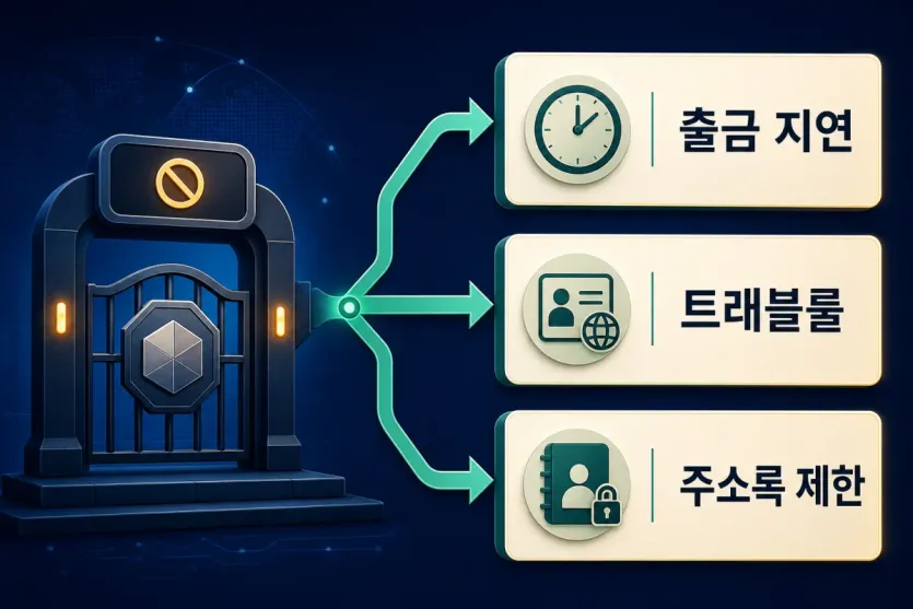 가상자산 출금이 막힐 때 출금 지연, 트래블룰, 주소록 제한을 나눠 보는 구조 인포그래픽