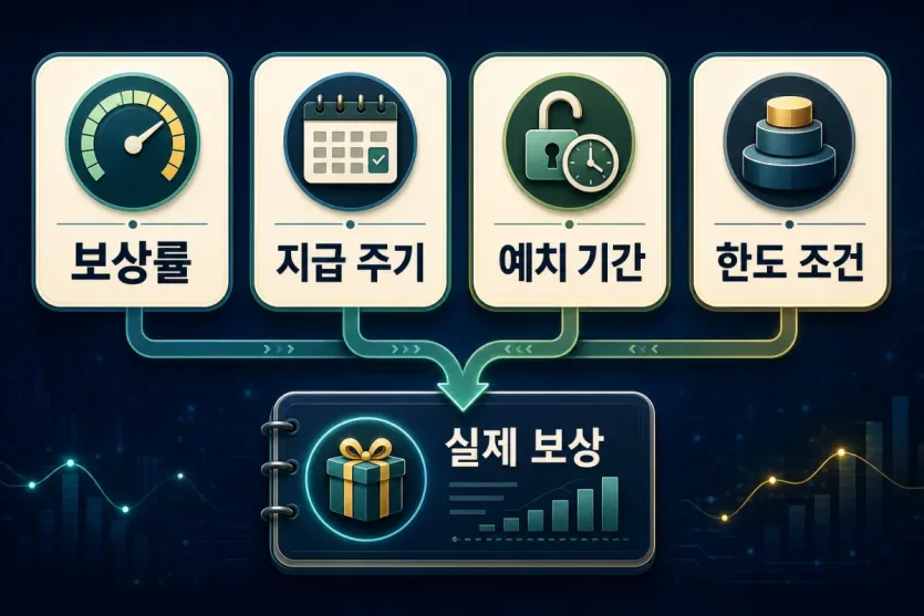 USDC 예치 보상이 보상률, 지급 주기, 예치 기간, 한도 조건에 따라 달라지는 구조 인포그래픽