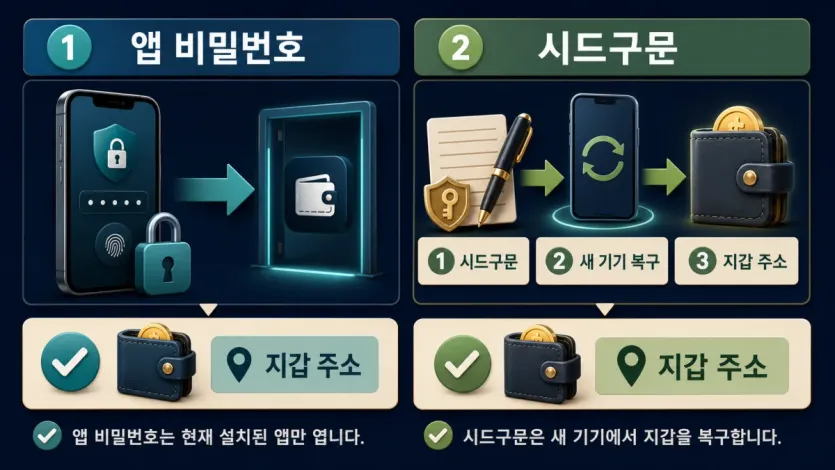 앱 비밀번호와 시드구문이 지갑 접근에서 맡는 역할 차이를 보여 주는 구조 이미지