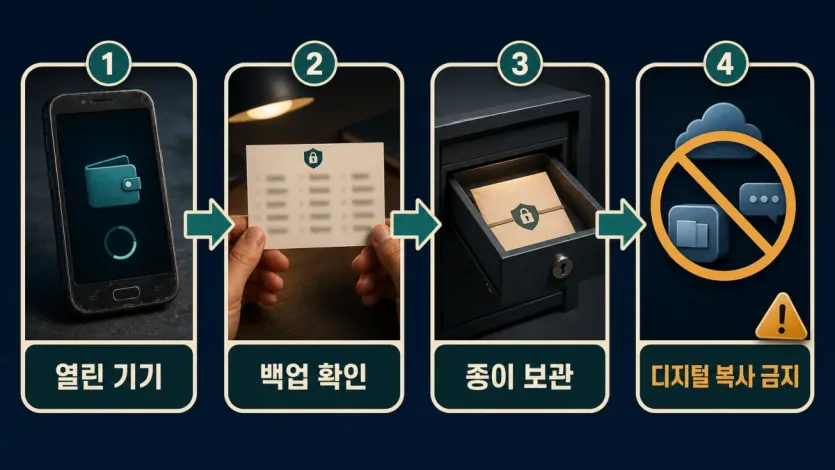 열린 지갑이 남아 있을 때 시드구문 백업을 안전하게 다시 확인하는 흐름 이미지