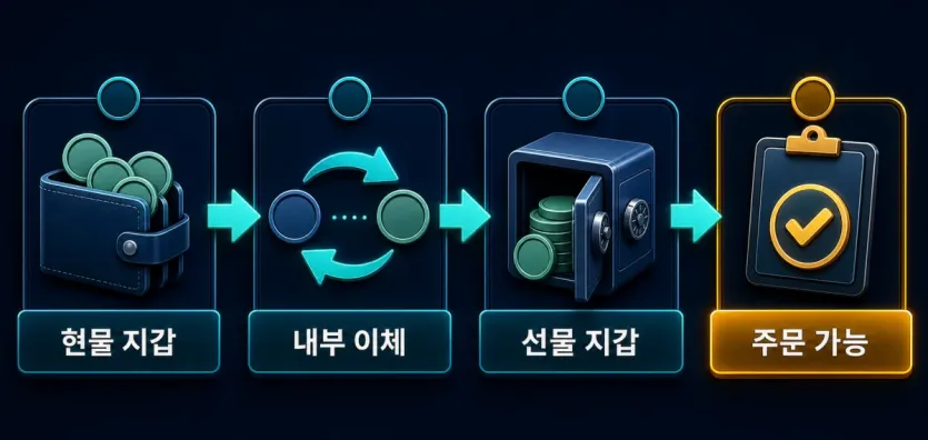 현물 지갑의 USDT를 내부 이체로 선물 지갑에 옮겨 주문 가능 잔고로 만드는 흐름 이미지