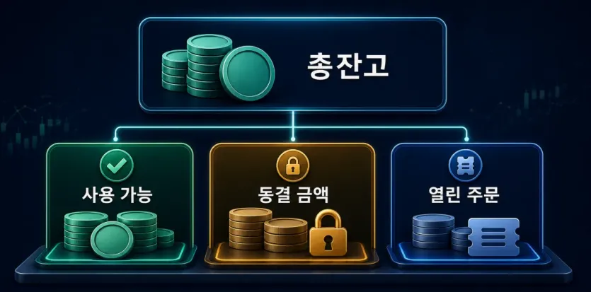 USDT 총잔고에서 사용 가능 금액과 동결 금액, 열린 주문을 나눠 보는 구조 이미지