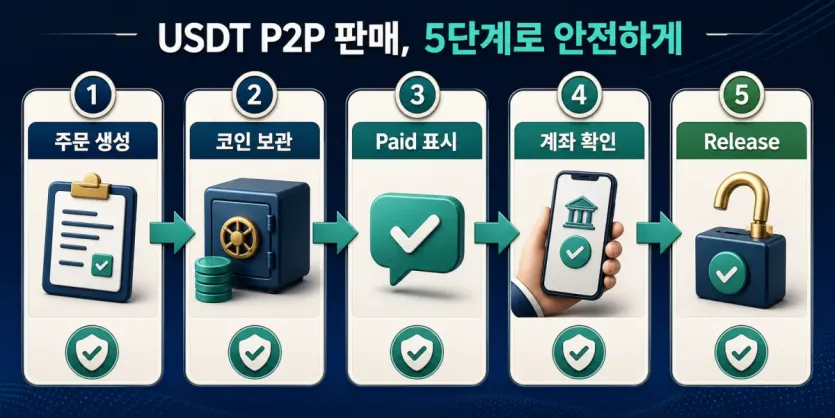 USDT P2P 주문에서 코인 보관과 Paid 표시, 계좌 확인, Release 순서를 보여 주는 흐름 인포그래픽