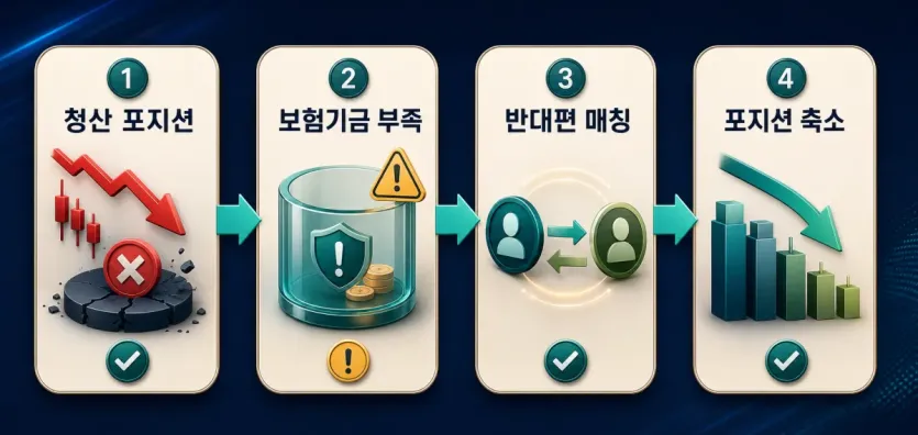 코인 선물 ADL이 청산 포지션, 보험기금 부족, 반대편 매칭, 포지션 축소로 이어지는 흐름 인포그래픽