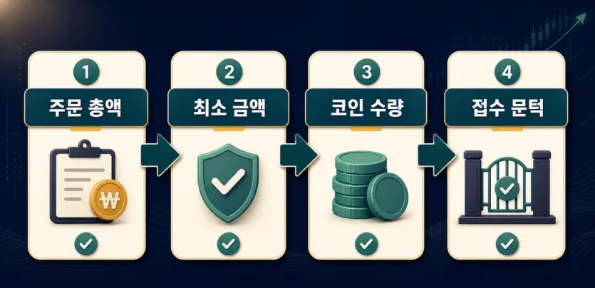 USDT 주문에서 주문 총액과 코인 수량이 최소 기준을 넘은 뒤 접수되는 흐름 인포그래픽