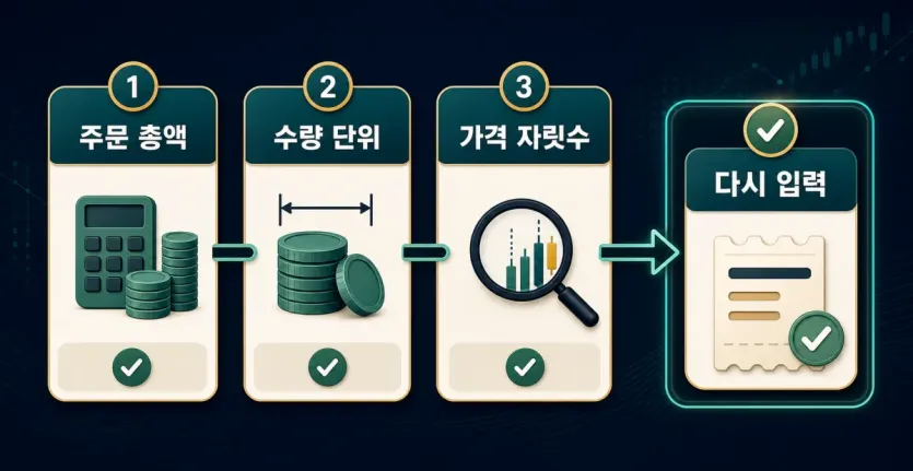 USDT 작은 주문 오류에서 주문 총액, 수량 단위, 가격 자릿수를 차례로 확인하는 체크 인포그래픽