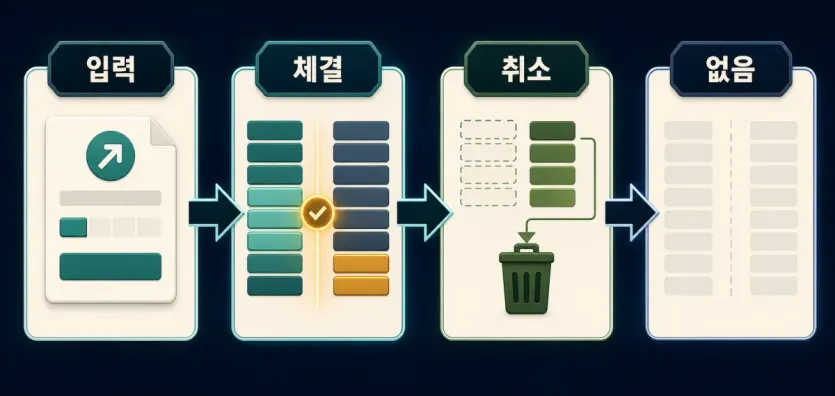 IOC 주문이 입력 뒤 즉시 가능한 수량만 체결하고 잔량을 취소해 열린 주문이 남지 않는 흐름 인포그래픽
