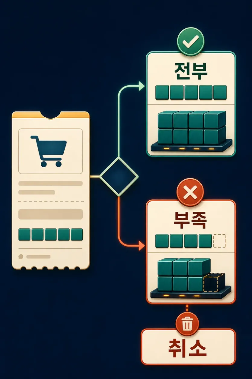 FOK 주문이 전량 즉시 체결 가능하면 통과하고 수량이 부족하면 전체 취소되는 결정 흐름 인포그래픽