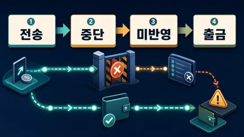 입금 중단 뒤 전송 성공과 거래소 잔고 미반영이 갈라지는 구조를 보여 주는 인포그래픽