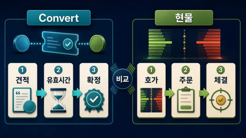 Convert 견적 흐름과 현물 주문장 체결 흐름을 한글 라벨로 비교한 인포그래픽