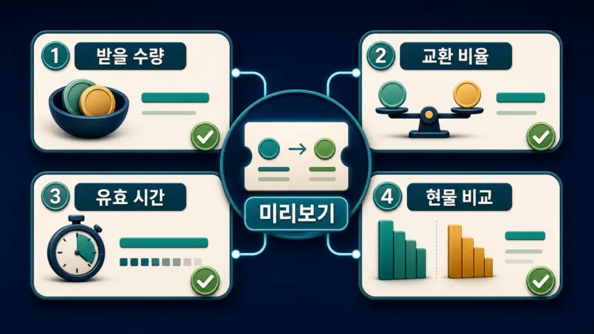 Convert 미리보기에서 받을 수량, 교환 비율, 유효 시간, 현물 비교를 확인하는 인포그래픽