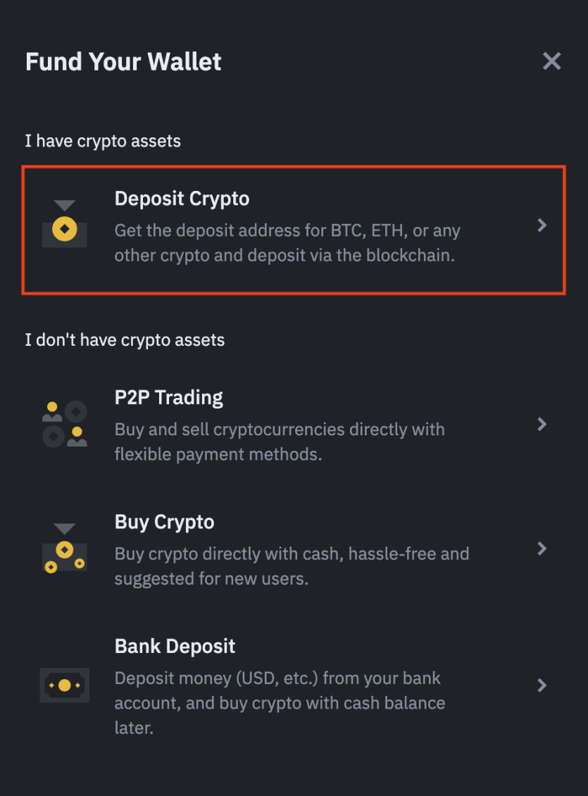 Binance Fund Your Wallet 화면에서 Deposit Crypto 항목을 확인하는 캡처