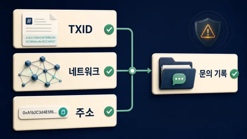 TXID가 생긴 뒤 주소, 네트워크, 거래 기록을 모아 문의하는 자료 흐름 인포그래픽