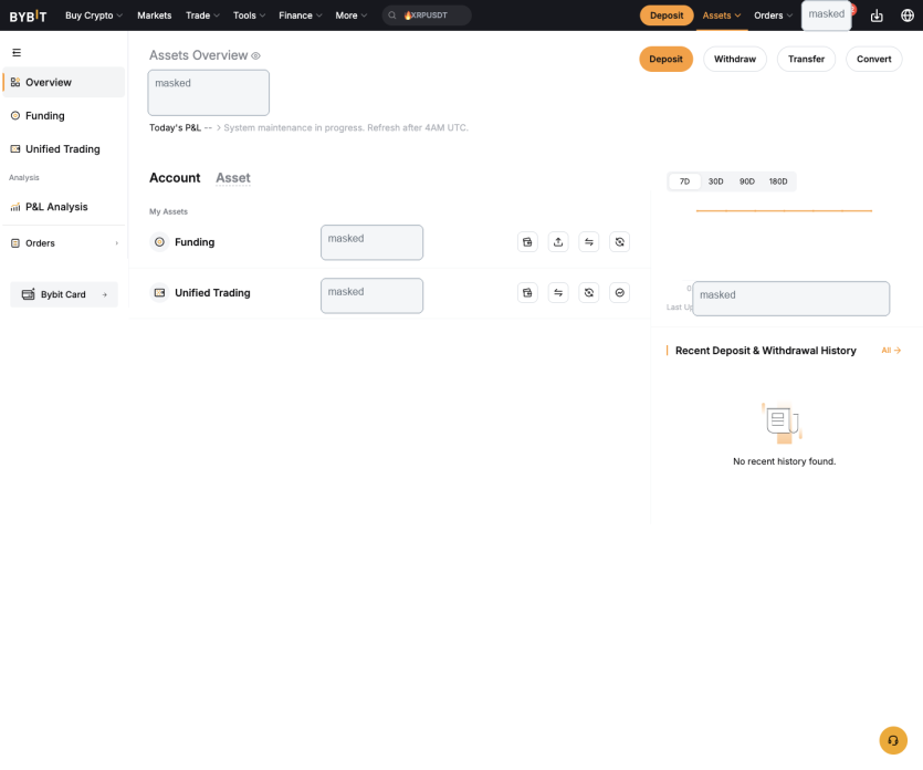 Bybit PC Assets 화면에서 Funding과 Unified Trading 줄을 확인하는 캡처