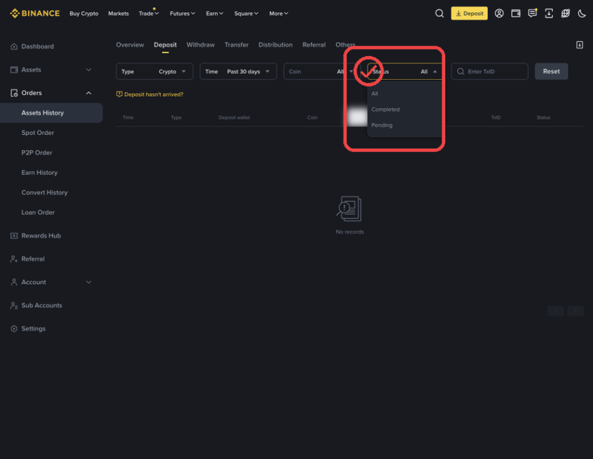 Binance PC 입금 내역 Status 필터를 확인하는 캡처