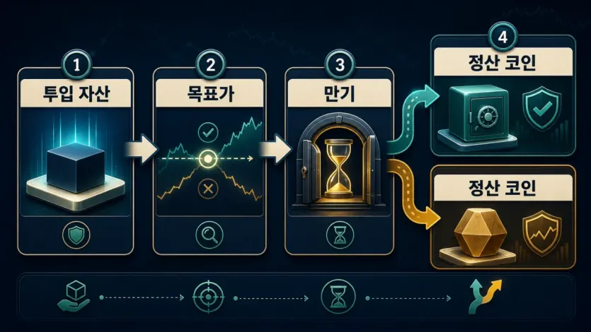 투입 자산과 목표가, 만기 확인 뒤 정산 코인이 갈리는 Dual Investment 정산 흐름 인포그래픽