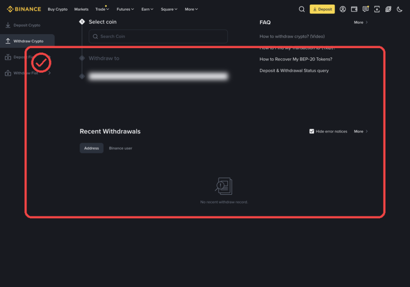 Binance PC Withdraw Crypto 화면에서 Select coin 위치를 확인하는 캡처