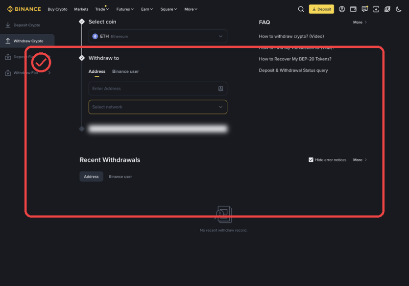 Binance PC 출금 화면에서 Address와 Select network 줄을 확인하는 캡처