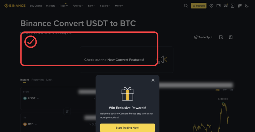 Binance PC Convert 화면에서 Instant 탭을 확인하는 캡처