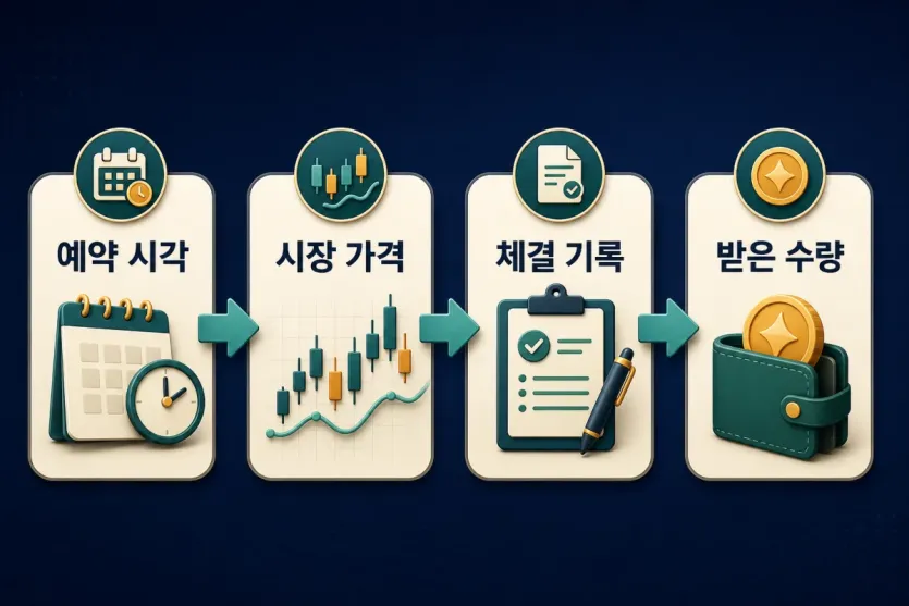 예약 시각과 시장 가격, 체결 기록, 받은 수량이 이어지는 자동투자 실행 흐름 인포그래픽