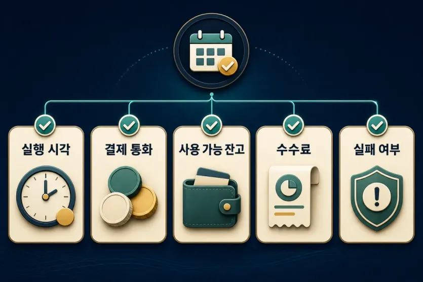 자동투자 다음 회차 전에 실행 시각, 결제 통화, 사용 가능 잔고, 수수료, 실패 여부를 확인하는 체크맵