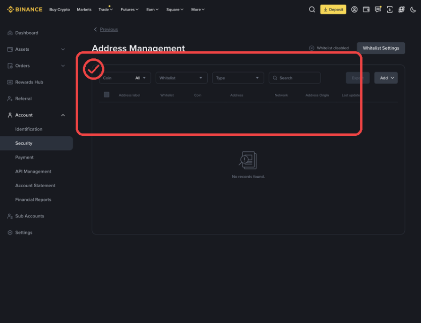 Binance PC 보안 화면에서 출금 주소록과 화이트리스트 위치를 확인하는 캡처