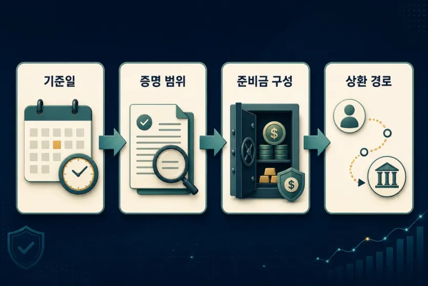 스테이블코인 준비금 보고서를 기준일, 증명 범위, 준비금 구성, 상환 경로 순서로 확인하는 인포그래픽