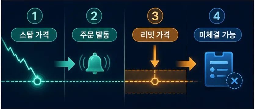 스탑 가격에 닿으면 주문이 발동되고 리밋 가격 조건에서 미체결로 남을 수 있는 흐름 인포그래픽