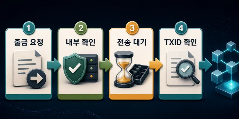 출금 요청, 내부 확인, 전송 대기, TXID 확인으로 이어지는 코인 출금 처리 흐름 인포그래픽
