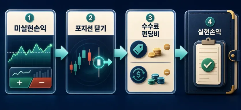 미실현손익이 포지션 닫기, 수수료와 펀딩비 반영을 거쳐 실현손익으로 기록되는 흐름 인포그래픽