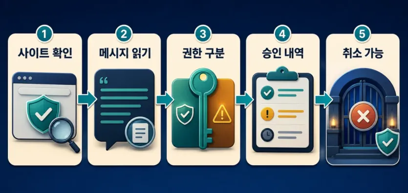 지갑 서명 요청 전 사이트 확인, 메시지 읽기, 권한 구분, 승인 내역, 취소 가능성을 순서대로 보는 흐름 인포그래픽