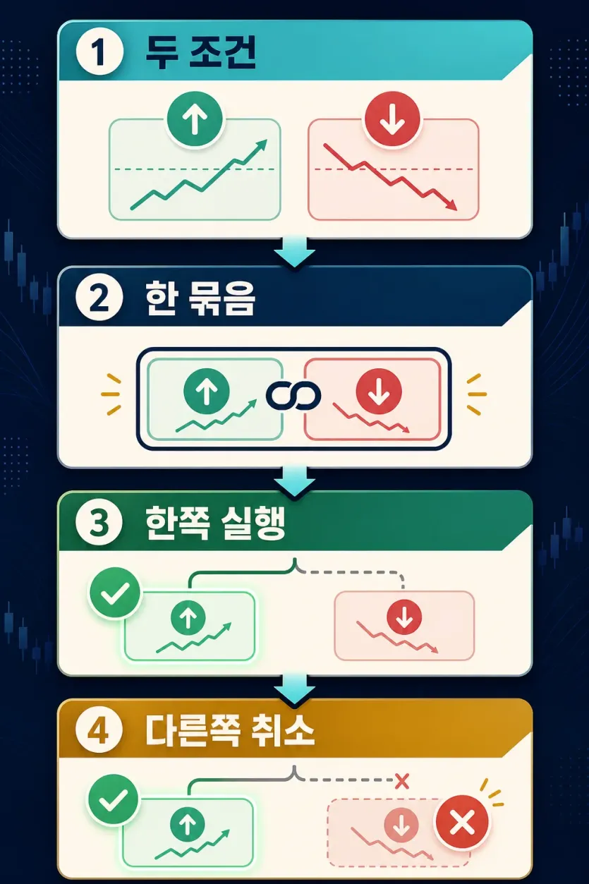 OCO 주문에서 두 조건이 한 묶음으로 연결되고 한쪽 실행 뒤 다른쪽 취소로 이어지는 흐름 인포그래픽