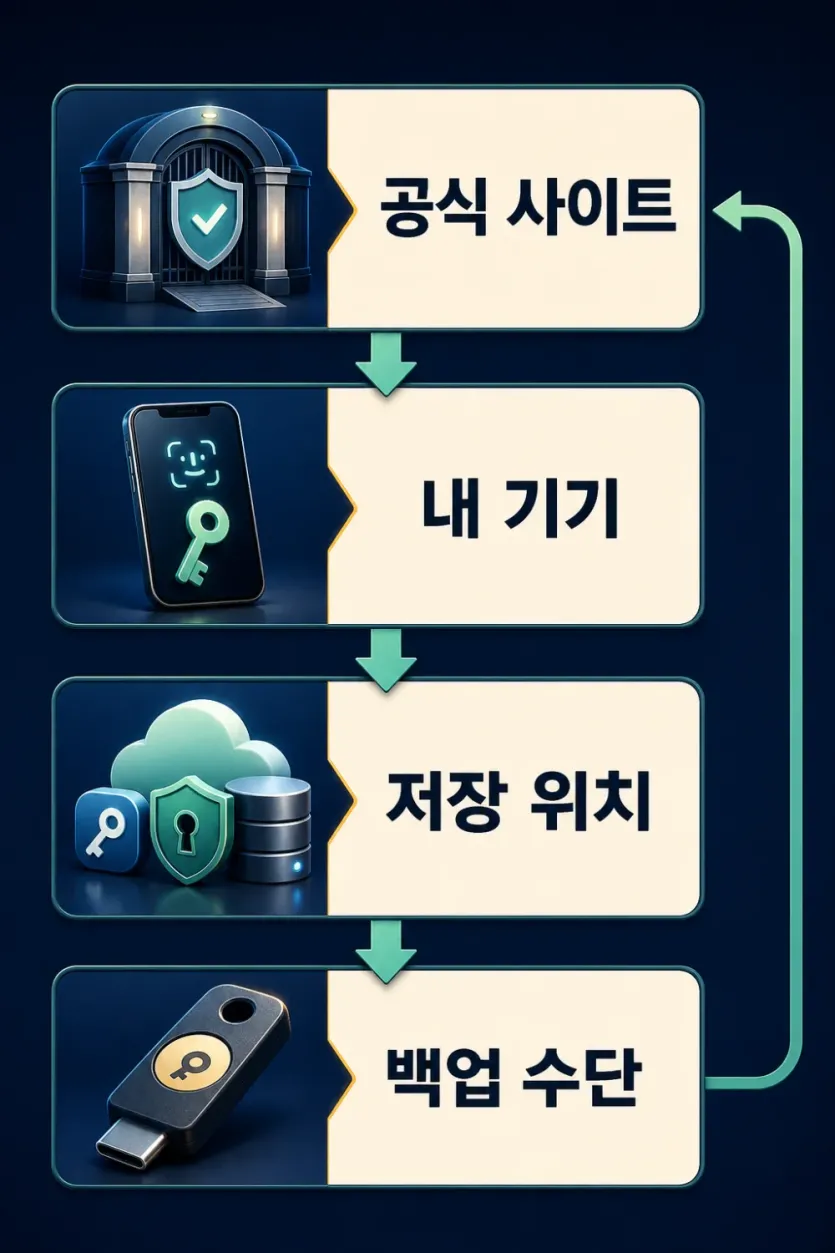 거래소 패스키 설정 전 공식 사이트, 내 기기, 저장 위치, 백업 수단을 순서대로 확인하는 흐름 인포그래픽