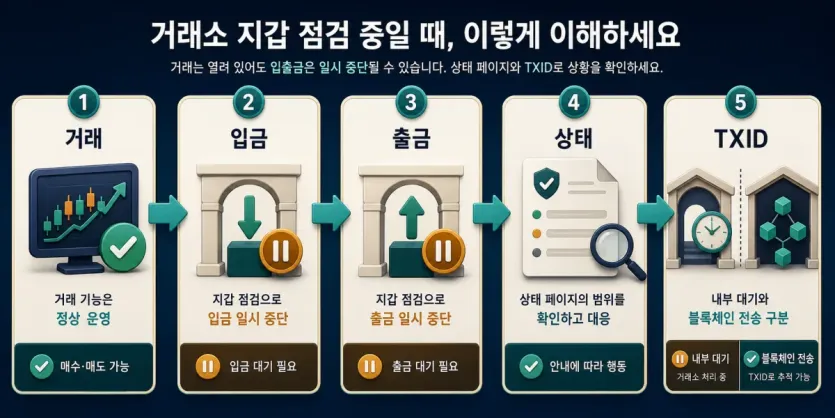 거래, 입금, 출금, 상태 페이지, TXID를 나눠 지갑 점검 공지를 확인하는 흐름 인포그래픽