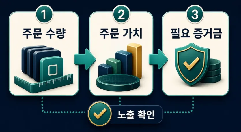 주문 수량, 주문 가치, 필요 증거금을 차례로 확인한 뒤 실제 노출을 보는 선물 주문 인포그래픽