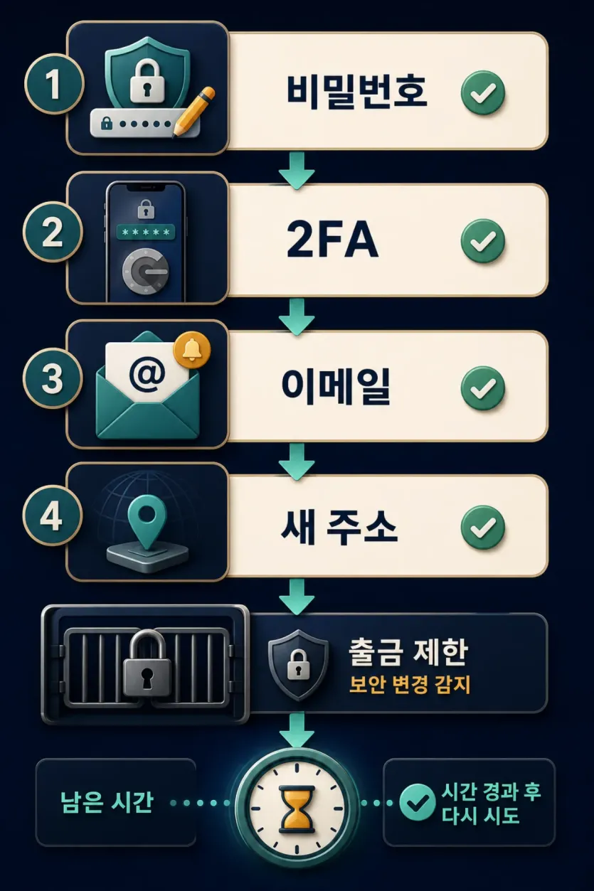 비밀번호와 2FA, 이메일, 새 주소 변경 뒤 출금 제한과 남은 시간을 확인하는 흐름 인포그래픽