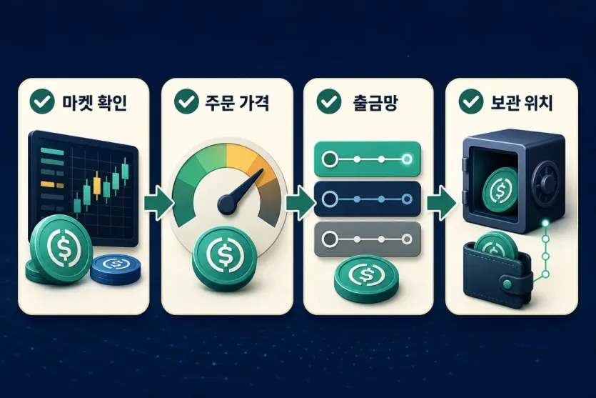 스테이블코인 매수 전 마켓 확인, 주문 가격, 출금망, 보관 위치를 차례로 확인하는 인포그래픽