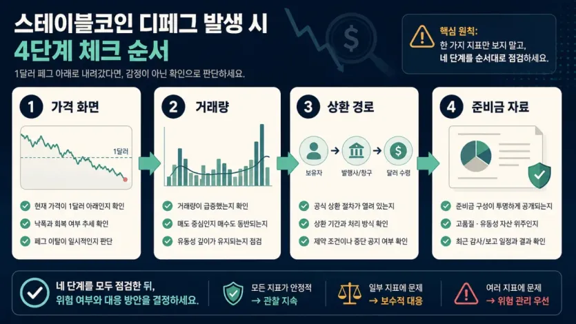 스테이블코인 디페그 발생 시 가격 화면, 거래량, 상환 경로, 준비금 자료를 차례로 확인하는 인포그래픽