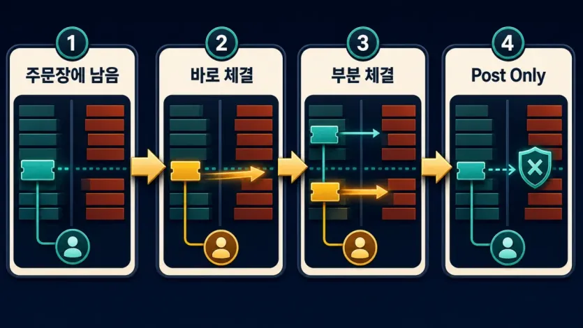 주문장에 남음, 바로 체결, 부분 체결, Post Only로 나뉘는 메이커 테이커 수수료 판정 흐름 인포그래픽