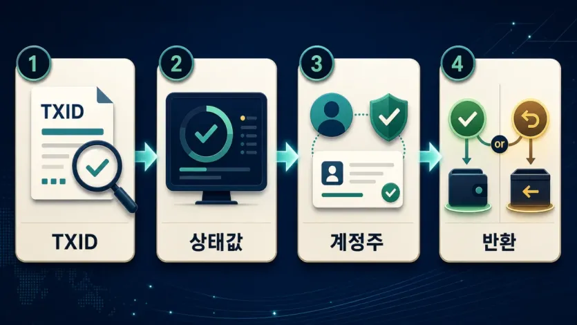TXID, 상태값, 계정주 확인, 반환 갈림길로 이어지는 트래블룰 입금대기 확인 흐름 인포그래픽