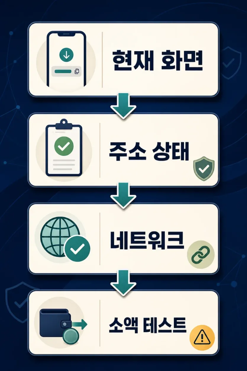 현재 입금 화면, 주소 상태, 네트워크, 소액 테스트로 이어지는 코인 입금 주소 확인 흐름 인포그래픽