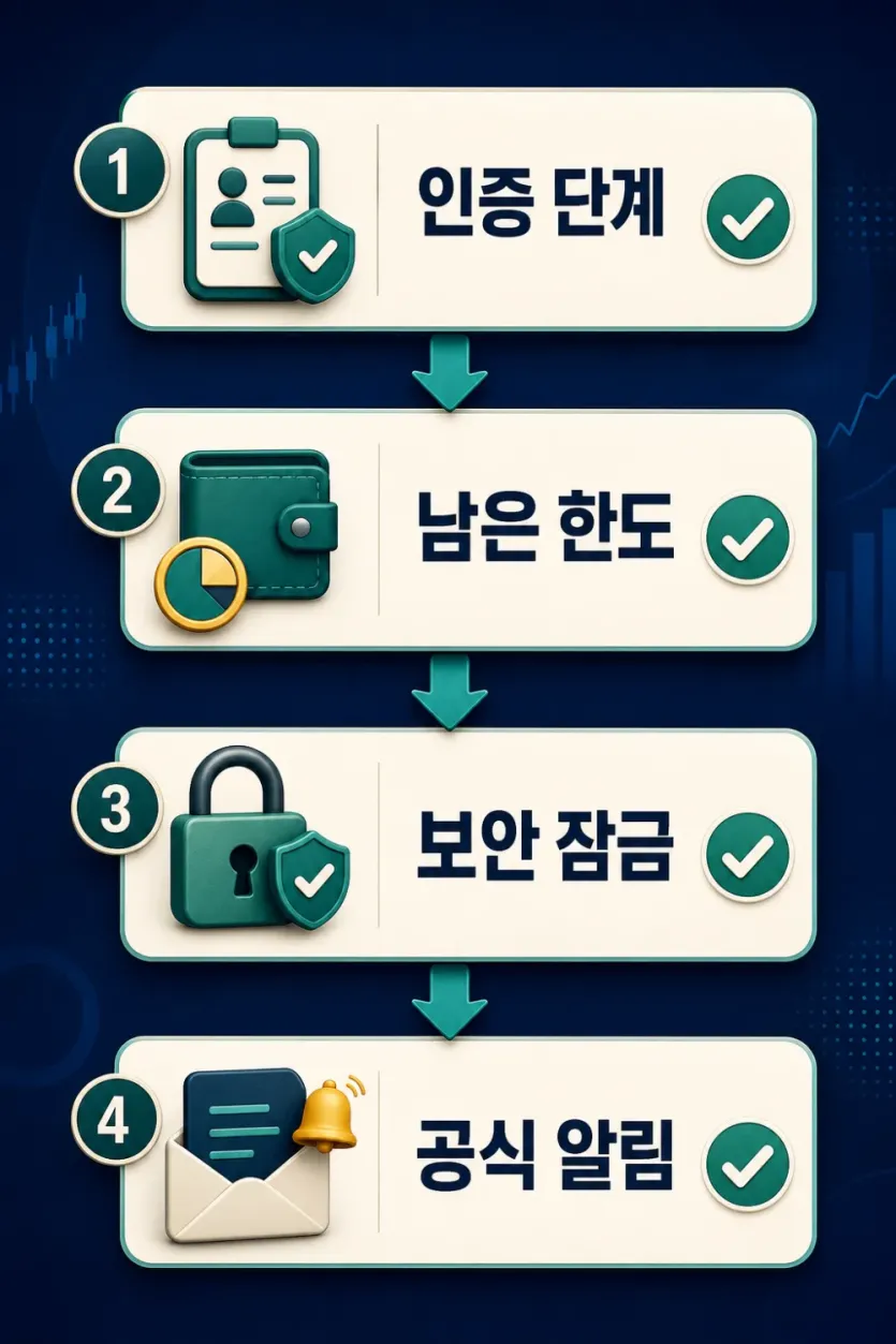 인증 단계, 남은 한도, 보안 잠금, 공식 알림 순서로 거래소 출금 제한 사유를 확인하는 인포그래픽